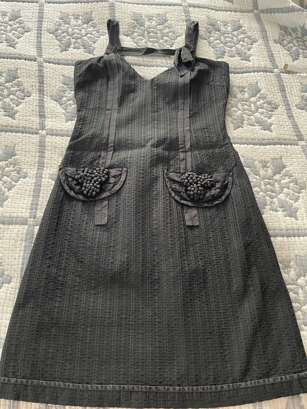 Tracy Reese Black Textured Sleeveless A-Line Dress with Floral Appliqué Pockets